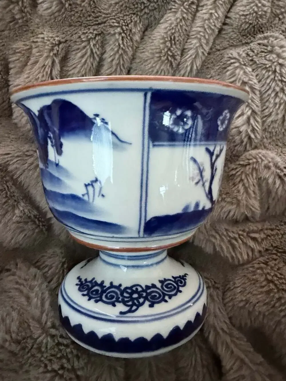 Vintage Blue and White Porcelain Footed Cachepot Planter Pagoda Landscape 5